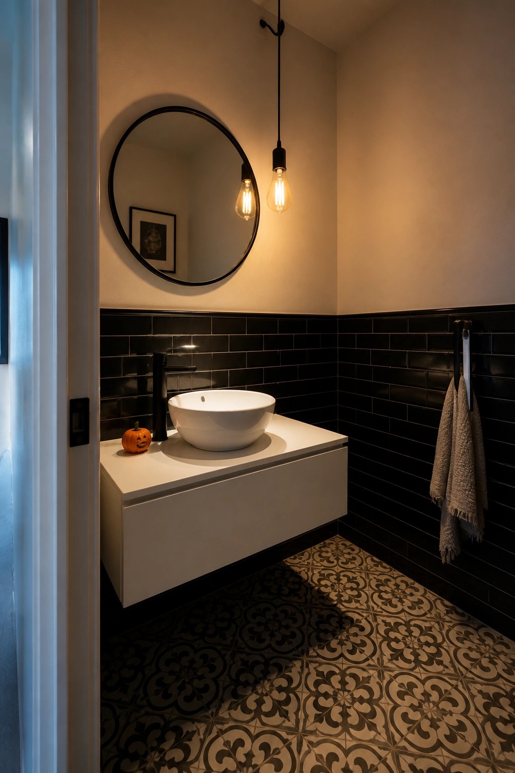 A modern bathroom featuring a white floating vanity with a round vessel sink, black subway tiles on the lower walls, a round black mirror, two pendant lights, patterned floor tiles, and a small carved pumpkin on the counter.