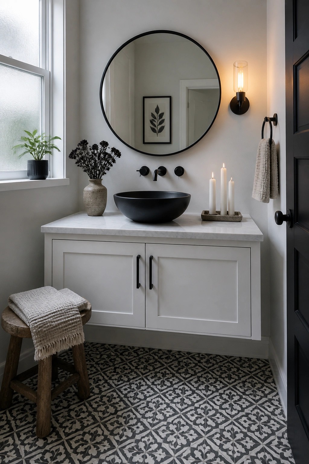 Modern bathroom vanity featuring a black vessel sink, round black mirror, white marble top, white cabinets, and three white candles on a tray.