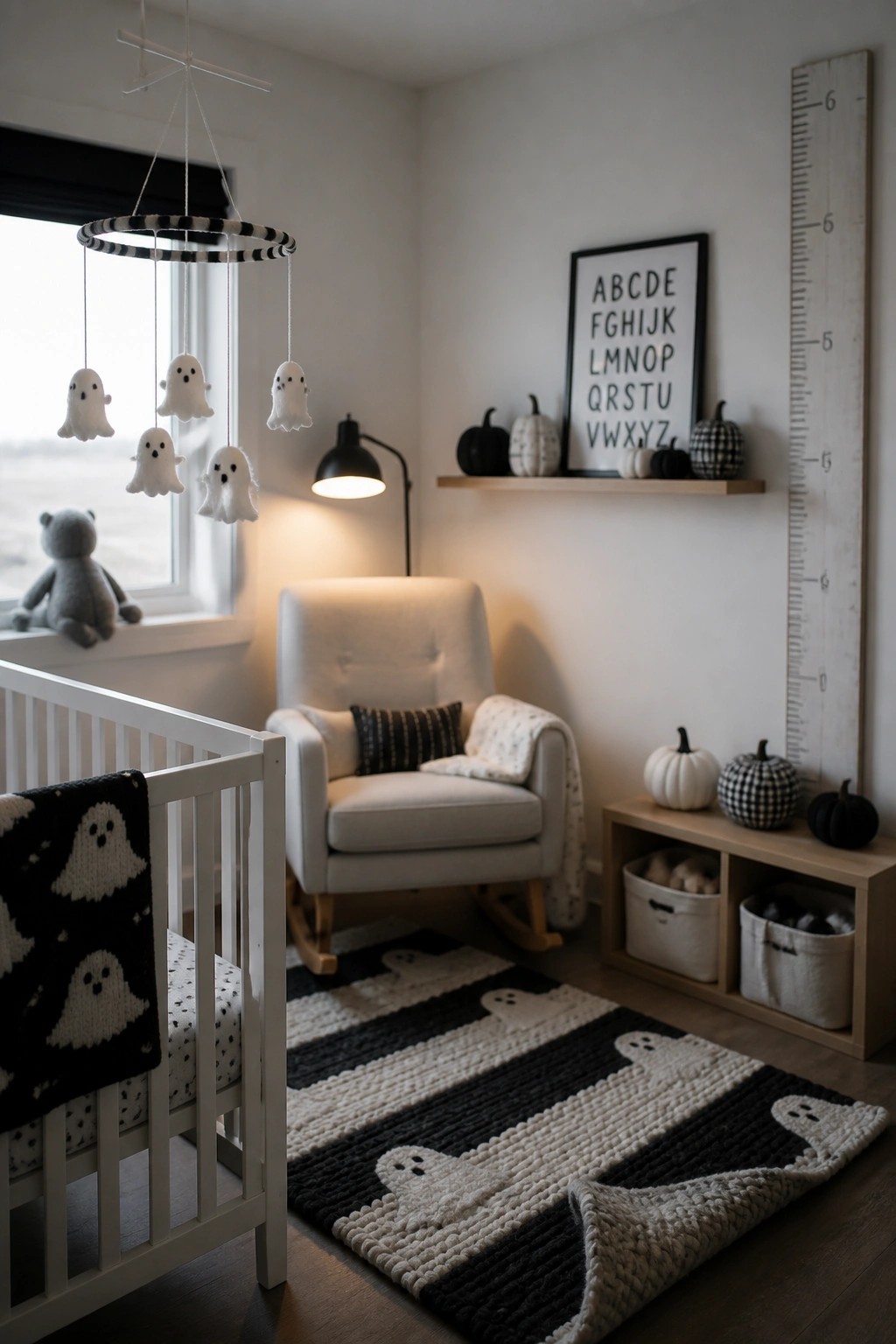 A white nursery with a ghost-patterned rug on the floor, a matching blanket on the crib, and a ghost mobile hanging near the window.