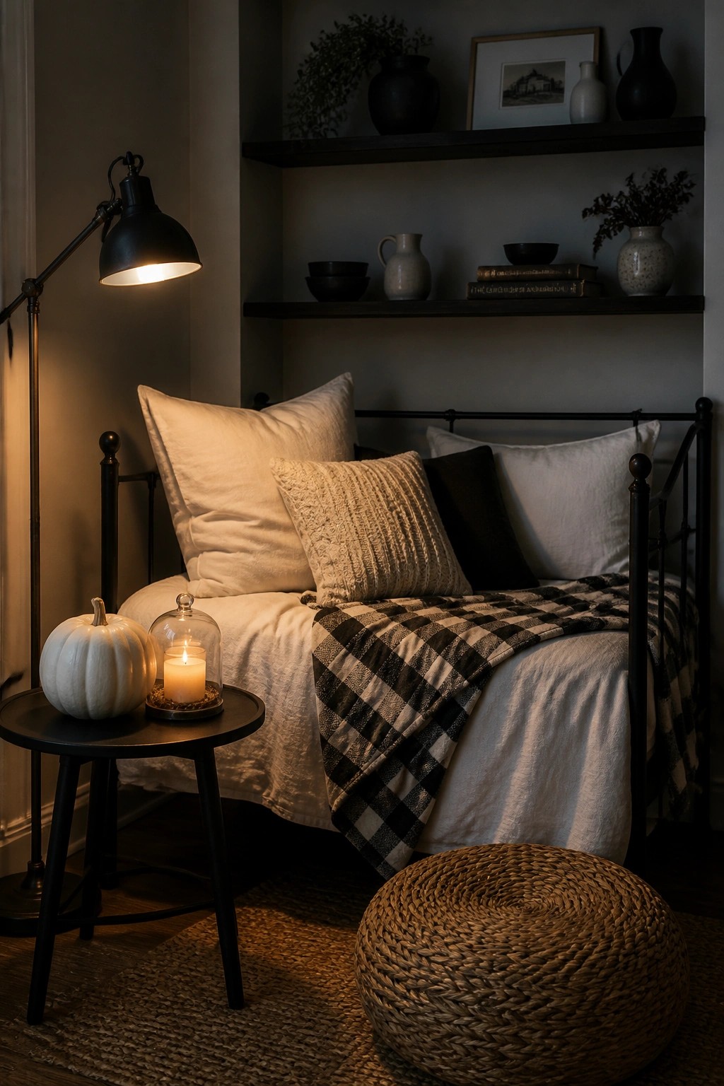 A cozy bedroom corner with a black metal bed, white linens, a black and white checkered throw, a white pumpkin, and a lit candle on a small black table.