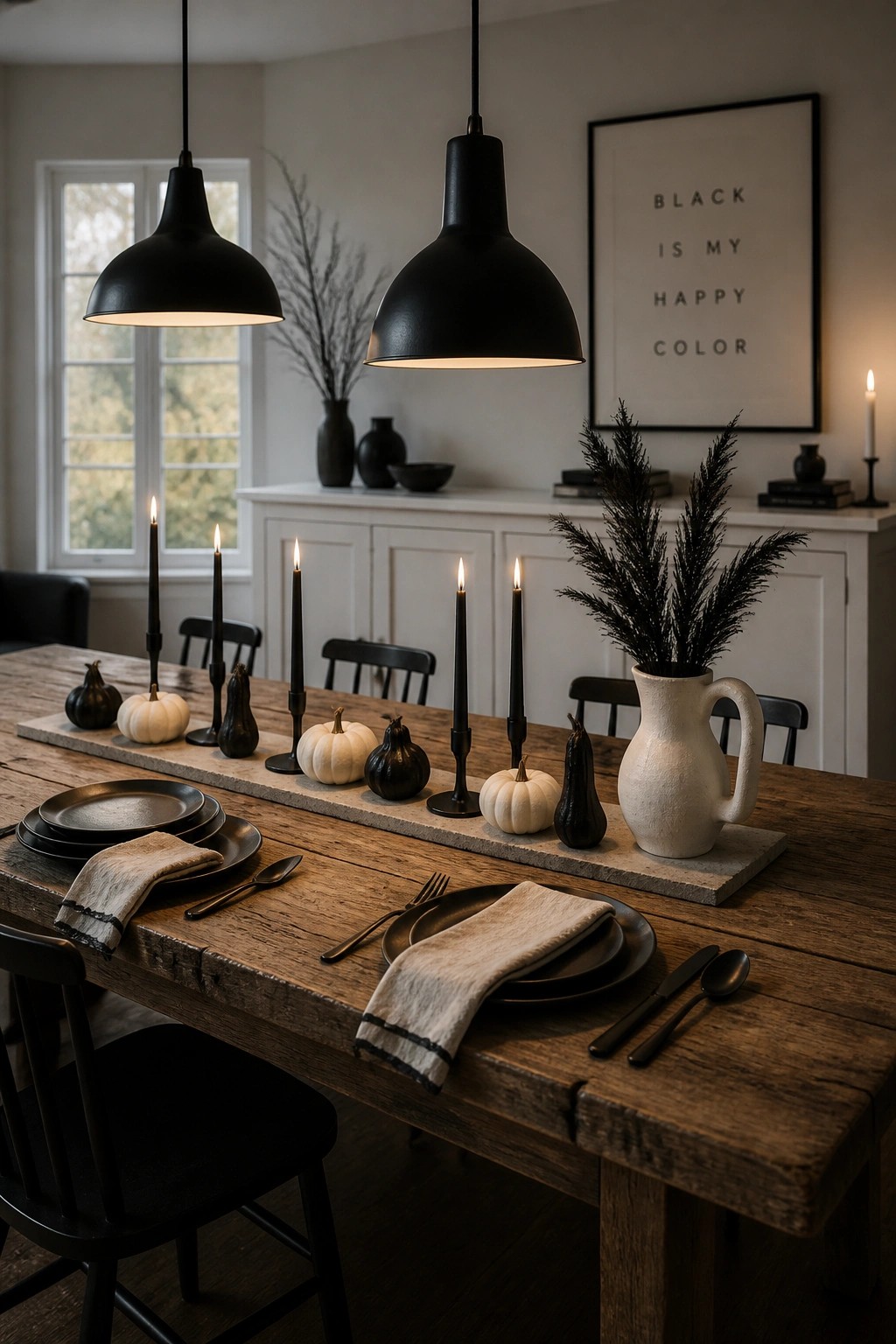 A wooden dining table with a long runner holding black and white pumpkins, black candles, dark plates, and beige napkins.