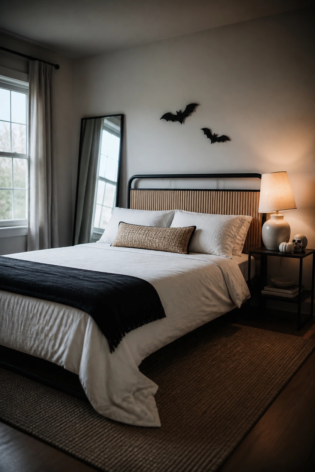 A bedroom with a black metal bed frame, white bedding and a black throw, two black bat shapes mounted on the wall above the headboard, and a nightstand holding a lamp, small pumpkin, and skull.