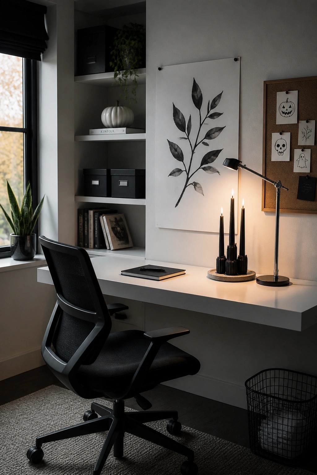 A minimalist home office desk setup with a black office chair, white desk, black taper candles, a lit desk lamp, and a corkboard displaying small Halloween line drawings.