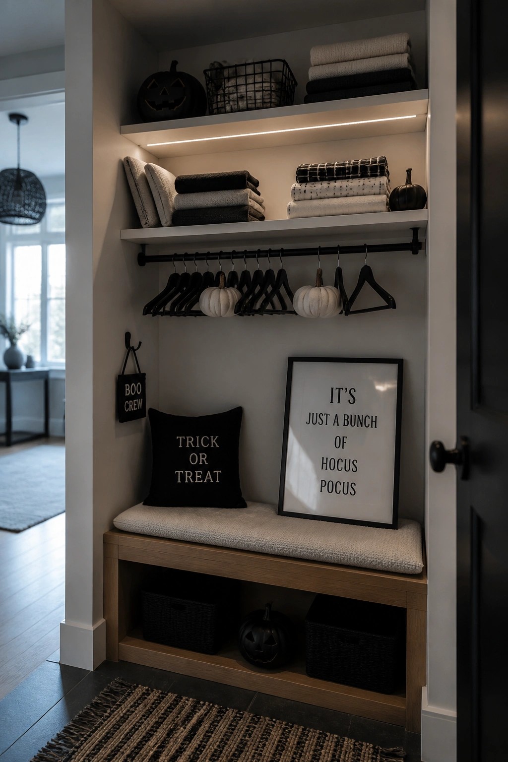 A built-in wooden bench with a light cushion sits inside a white closet, with black baskets and a small pumpkin stored underneath, shelves above holding folded towels and a framed sign, and a hanging rod with black hangers and small white pumpkins.