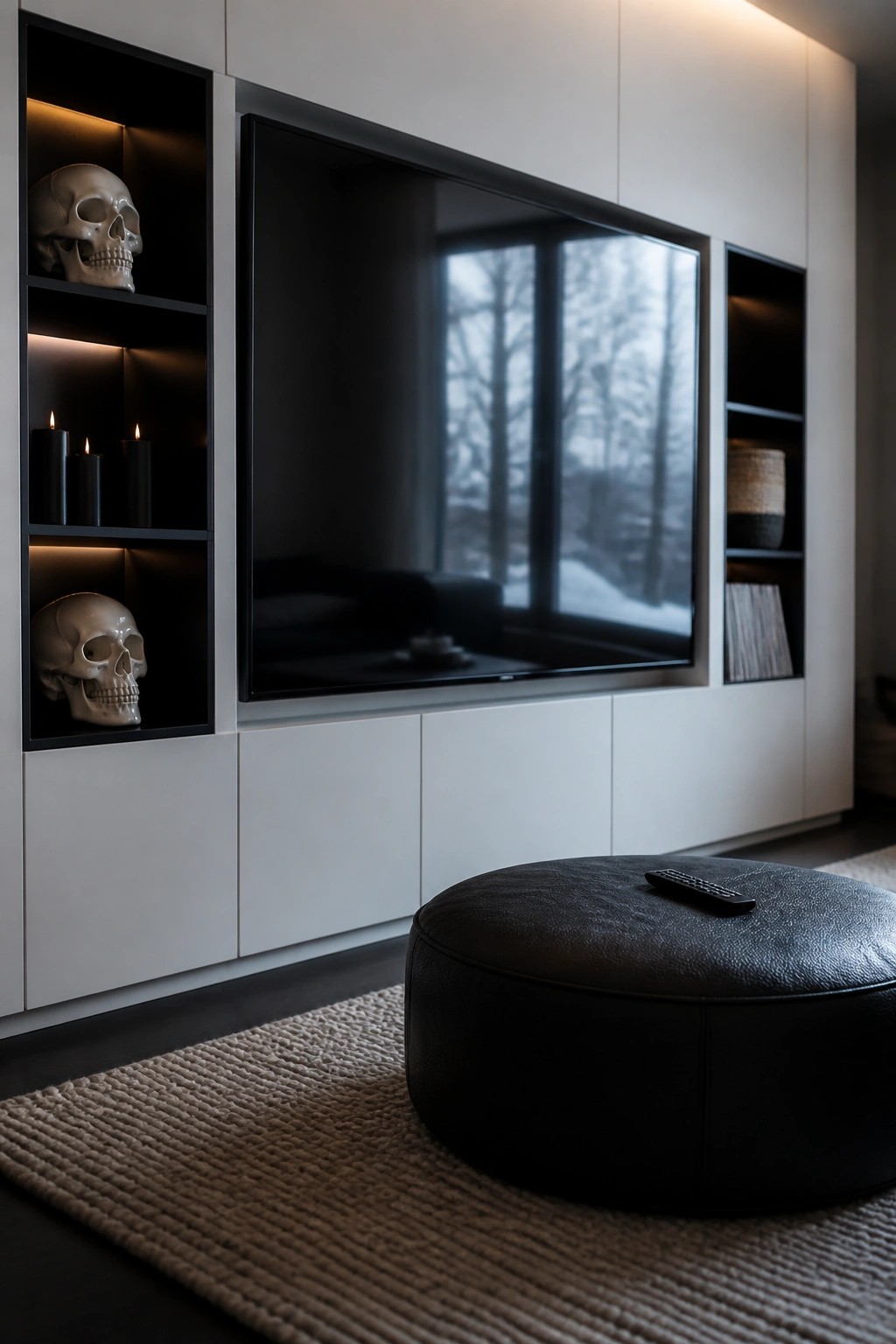 A modern living room with a large television mounted above white cabinetry, black open shelves holding two skulls and three lit black candles, and a black leather ottoman on a woven rug.