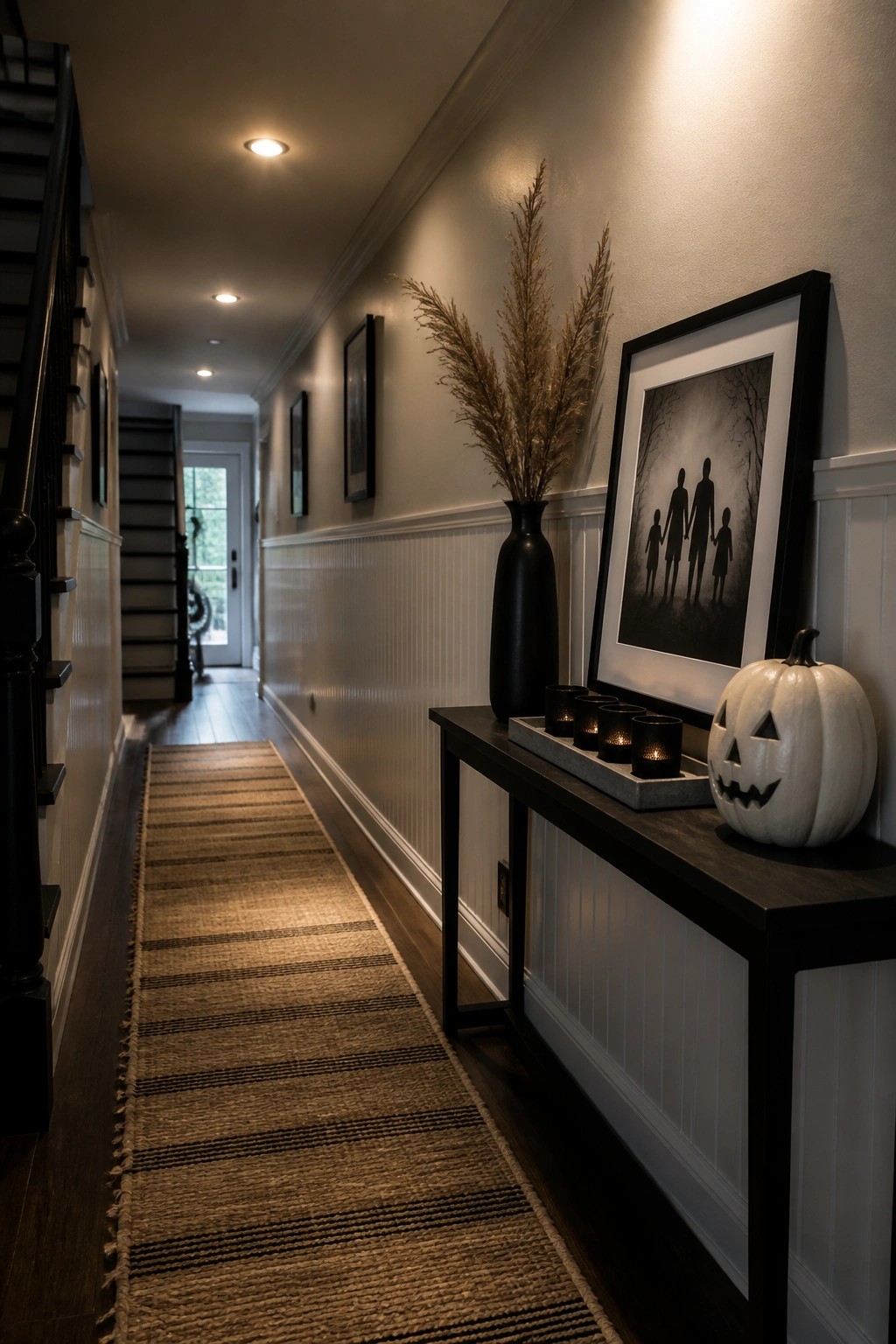 A narrow dark wood console table in a hallway holds a white pumpkin, black vase with dried grasses, framed silhouette art, and a tray of small candles.