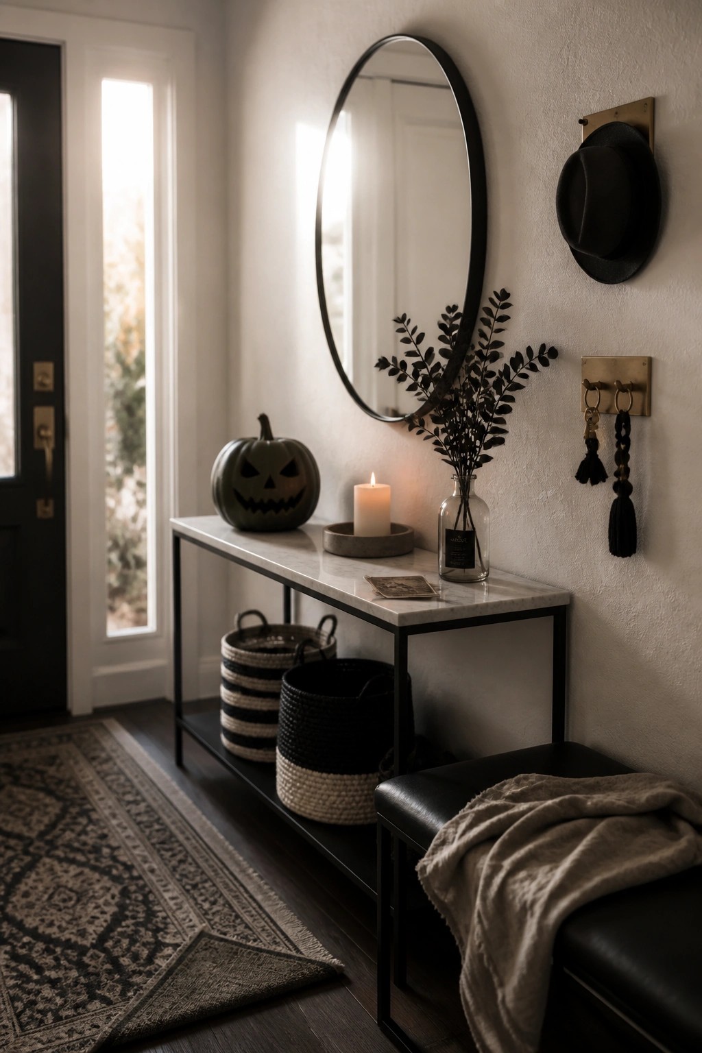 A minimalist entryway features a black console table with a marble top holding a dark pumpkin, lit candle, and glass vase, with woven baskets stored on the lower shelf beneath a round black mirror.