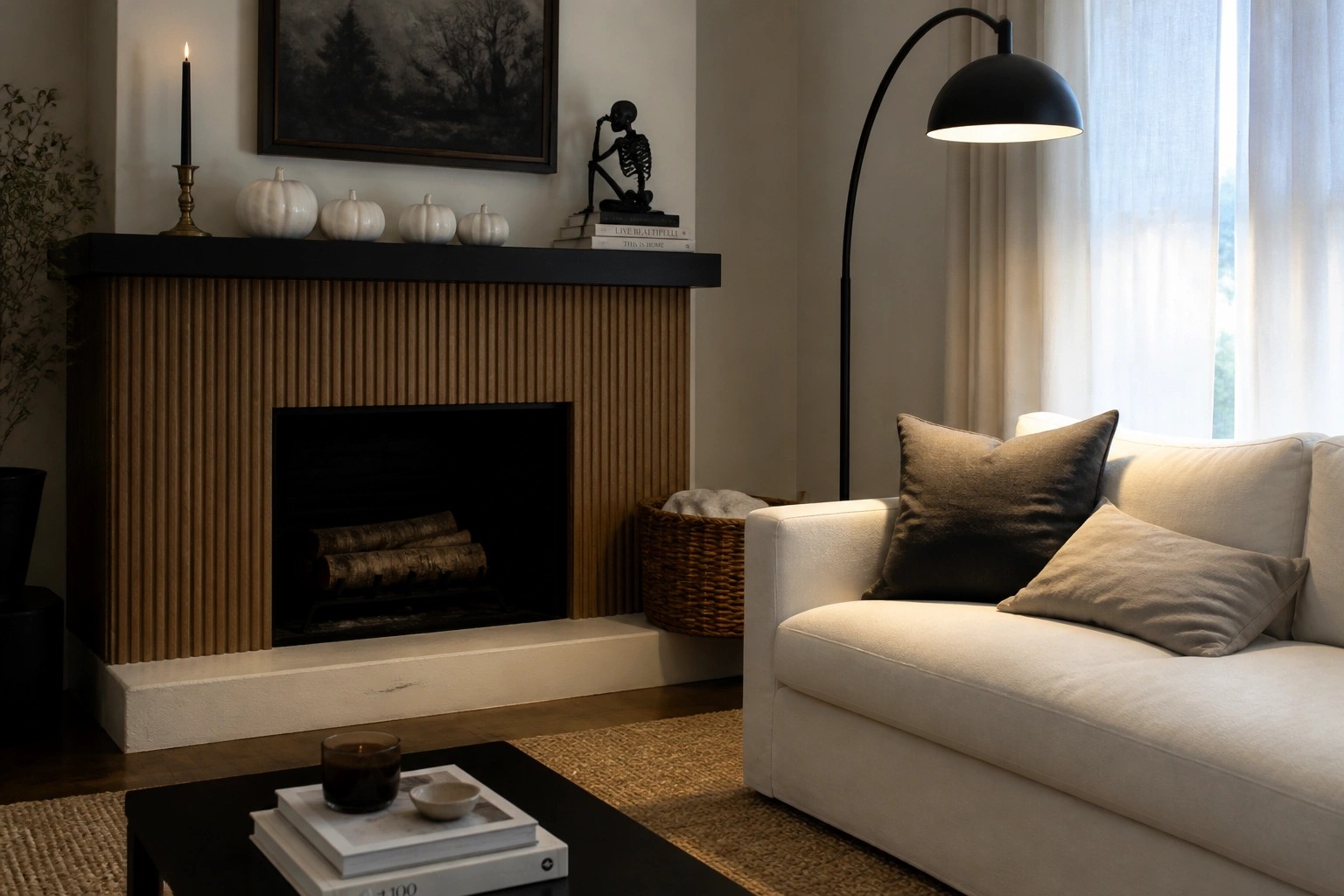 A minimalist living room with a white sofa, wooden coffee table, and fireplace mantel holding white pumpkins and a lit black candle.
