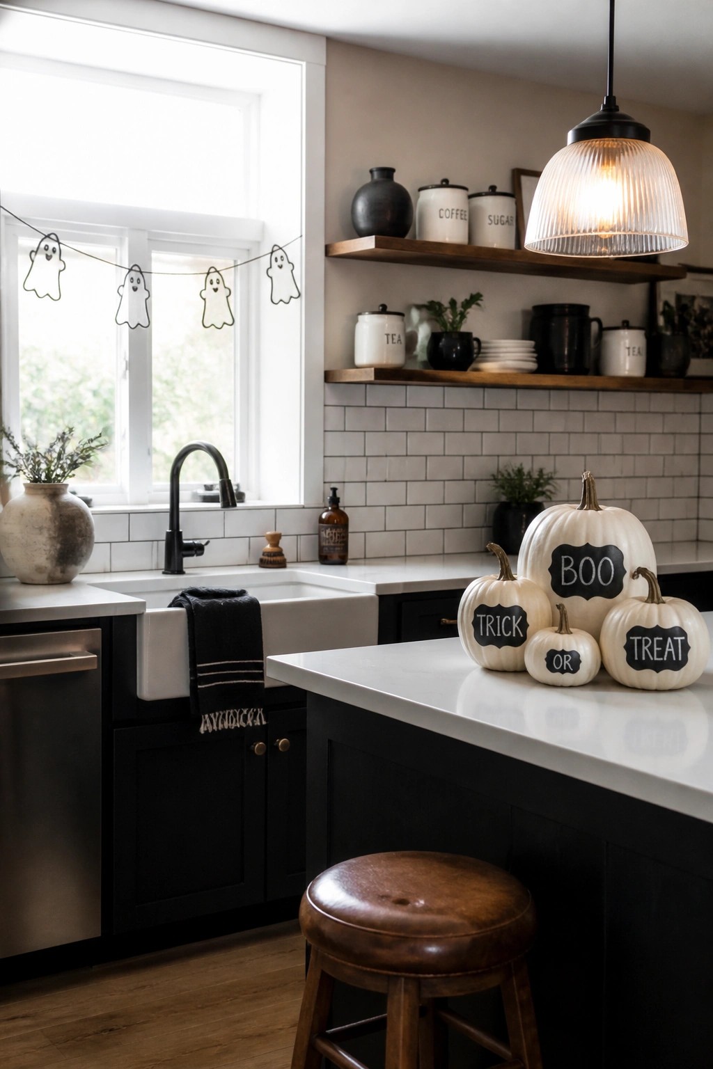 A modern kitchen with black cabinets and white countertops features several white pumpkins with chalkboard labels on the island and a ghost garland hanging in the window.