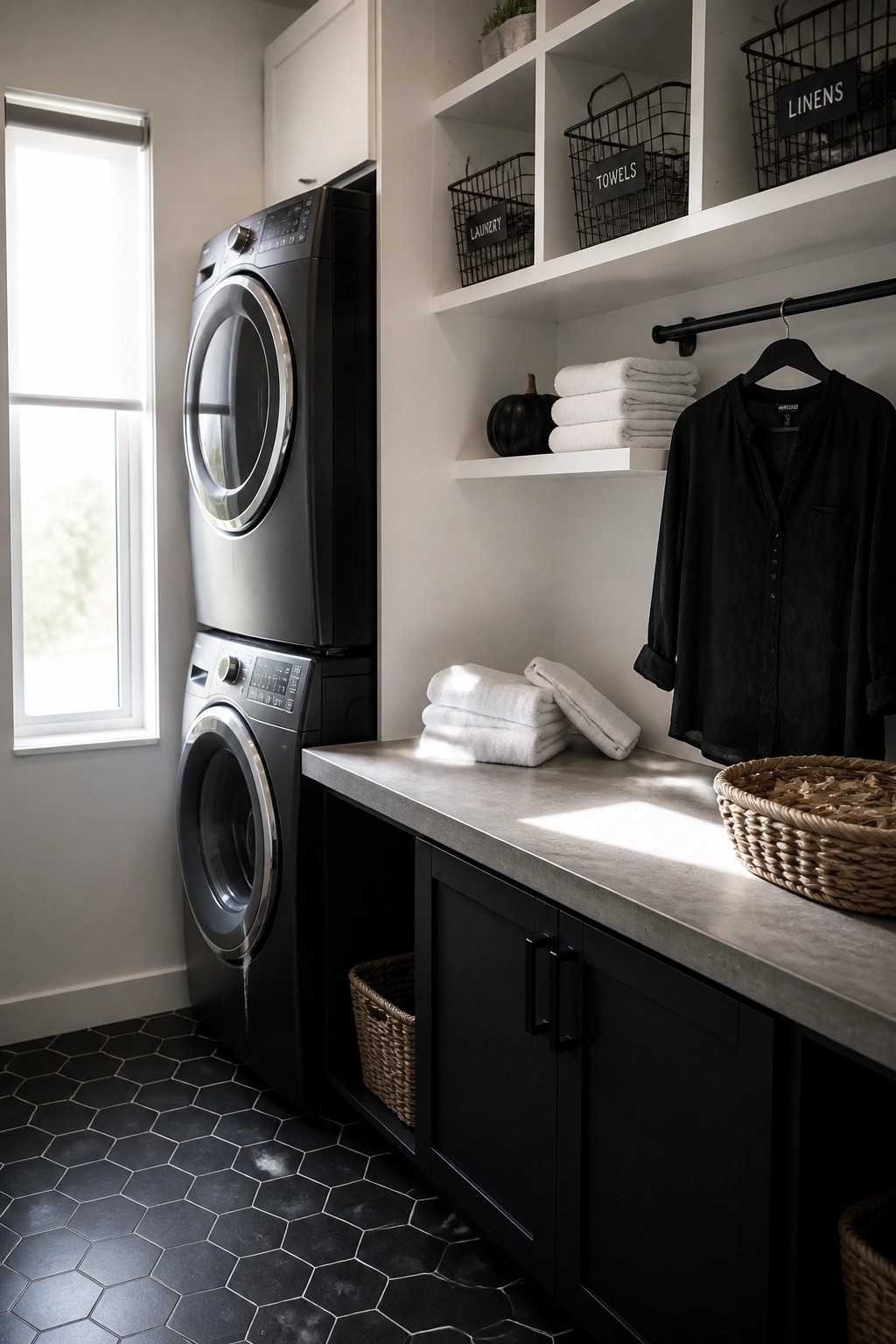 Modern laundry room with stacked washer-dryer, black cabinets, white towels, and wire baskets