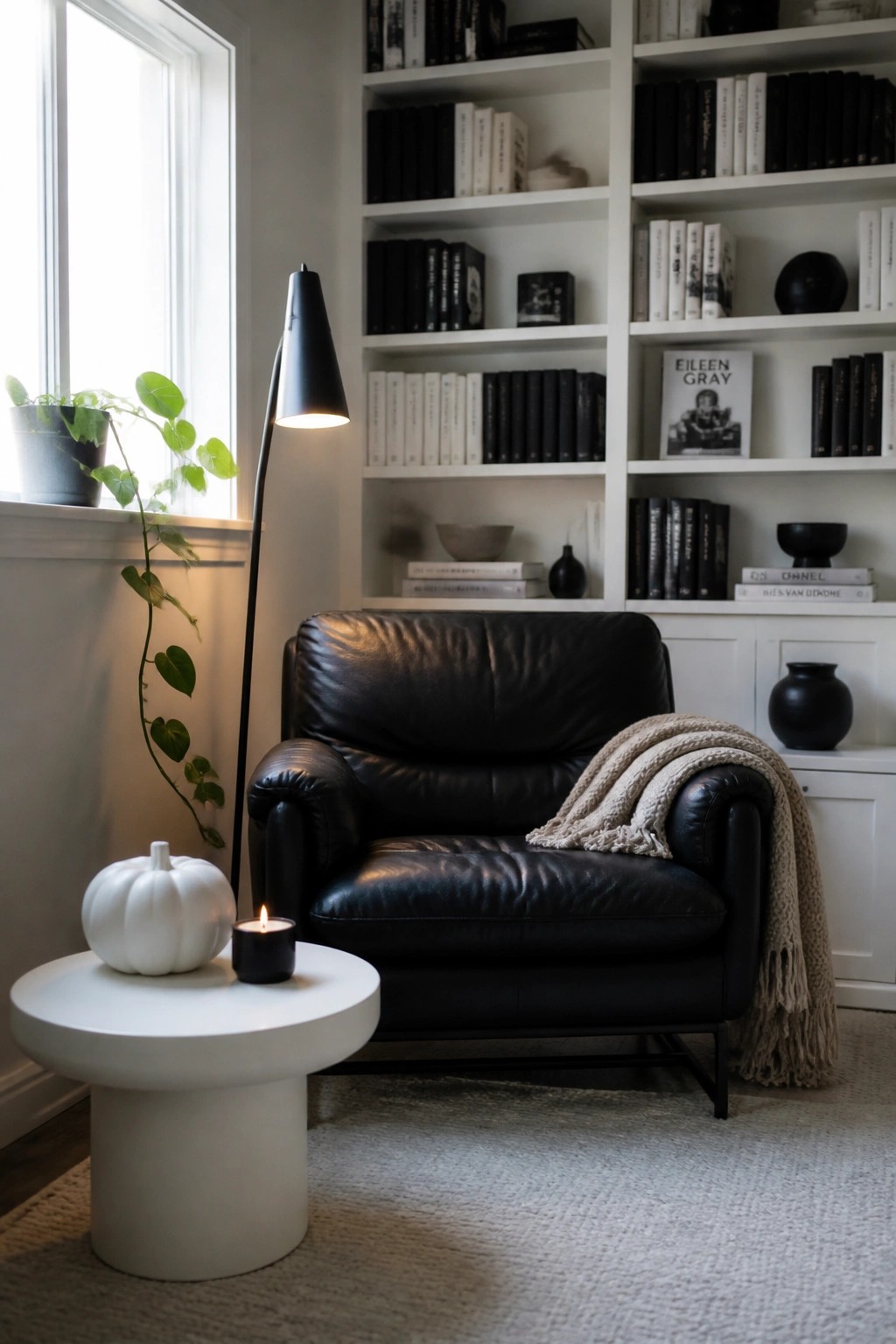 A black leather armchair faces white built-in bookshelves, with a round white side table holding a white pumpkin and lit black candle in the foreground.