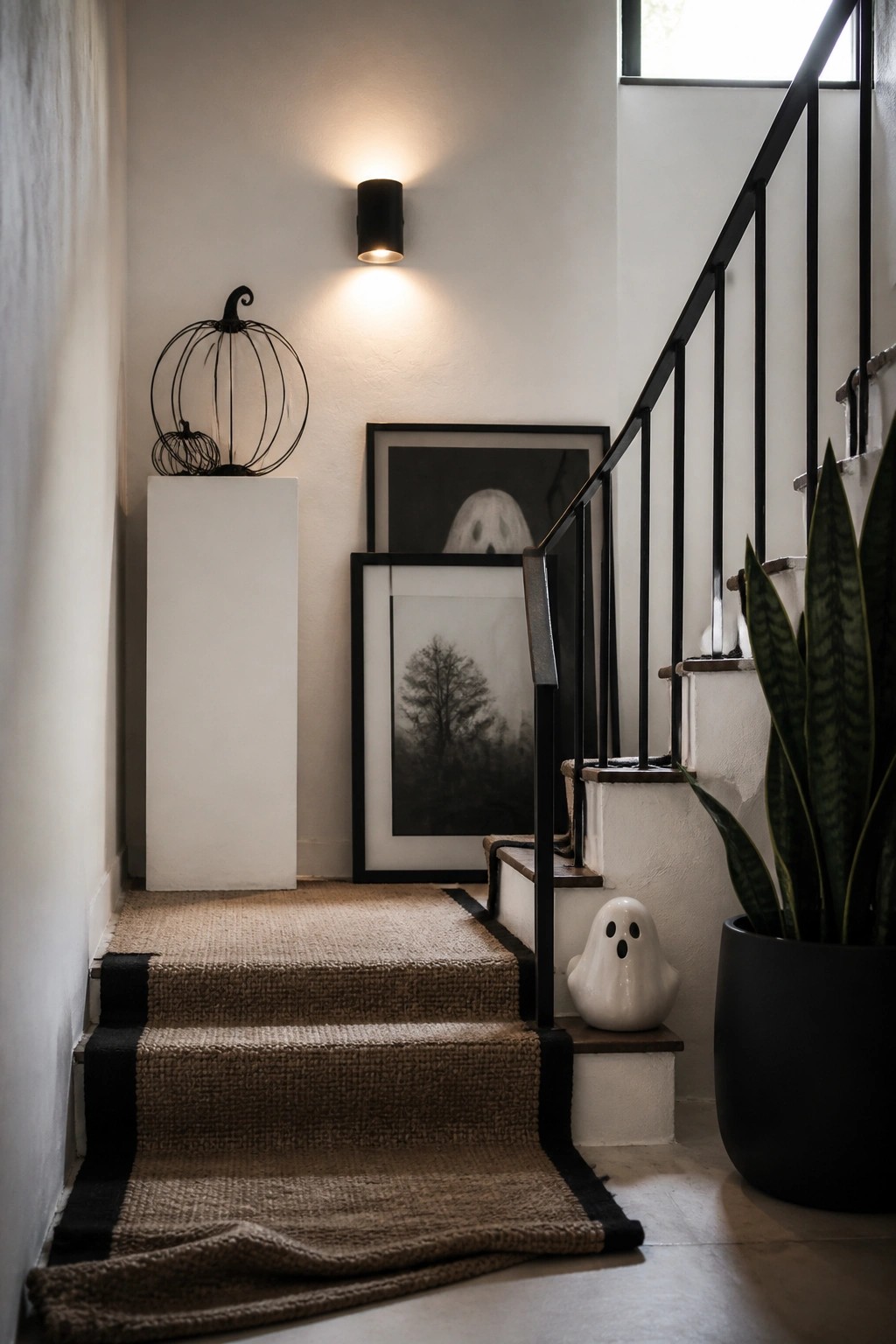 An interior staircase with black metal railing, neutral woven runner, framed black and white ghost and tree prints, a white ceramic ghost figurine on a step, and a wire pumpkin sculpture on a white pedestal.