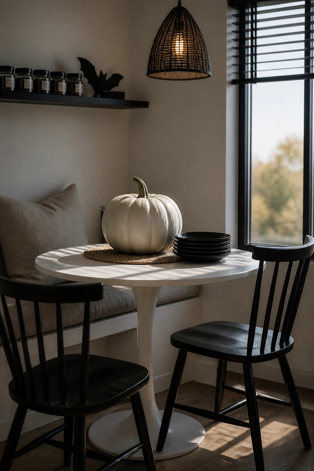 A round white table holding a white pumpkin on a woven mat, with stacked black bowls and two black wooden chairs visible in a bright room with a window and floating shelf.