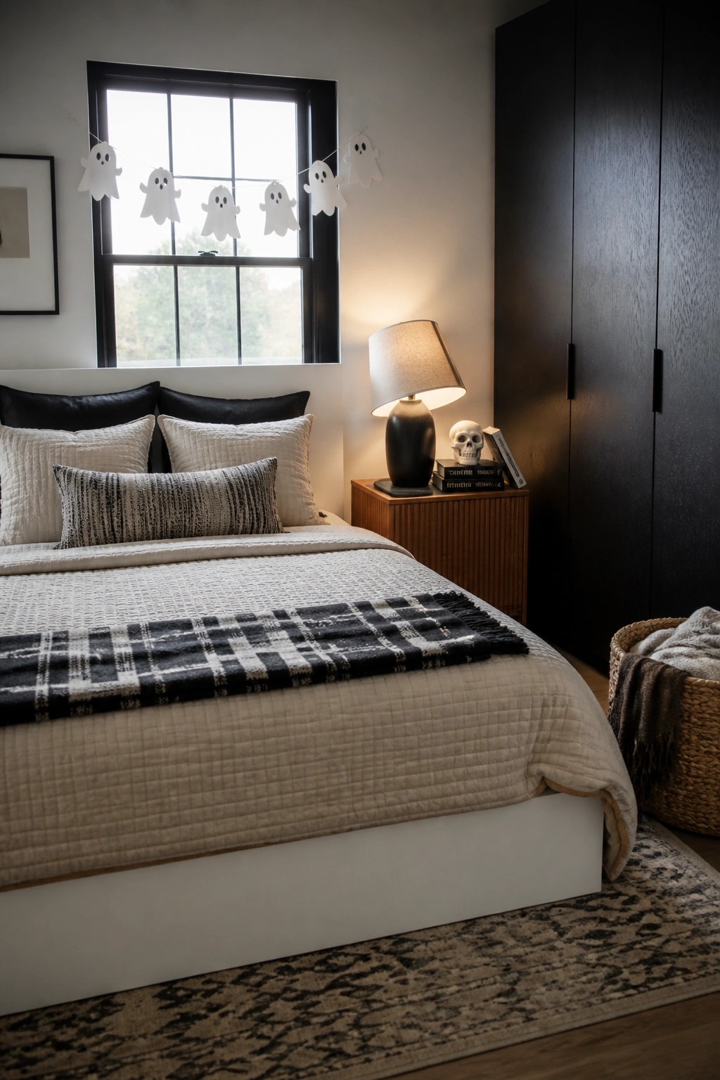 A modern bedroom with white bedding, black pillows, a ghost garland across the window, and a nightstand holding a lamp and skull.