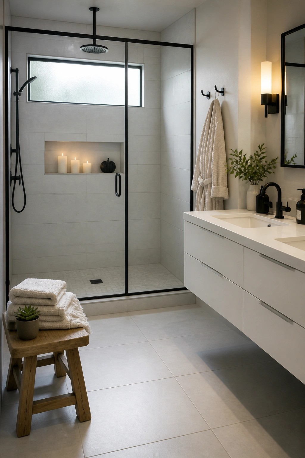 Modern bathroom with black-framed shower, white vanity, bathrobe, and towel stool