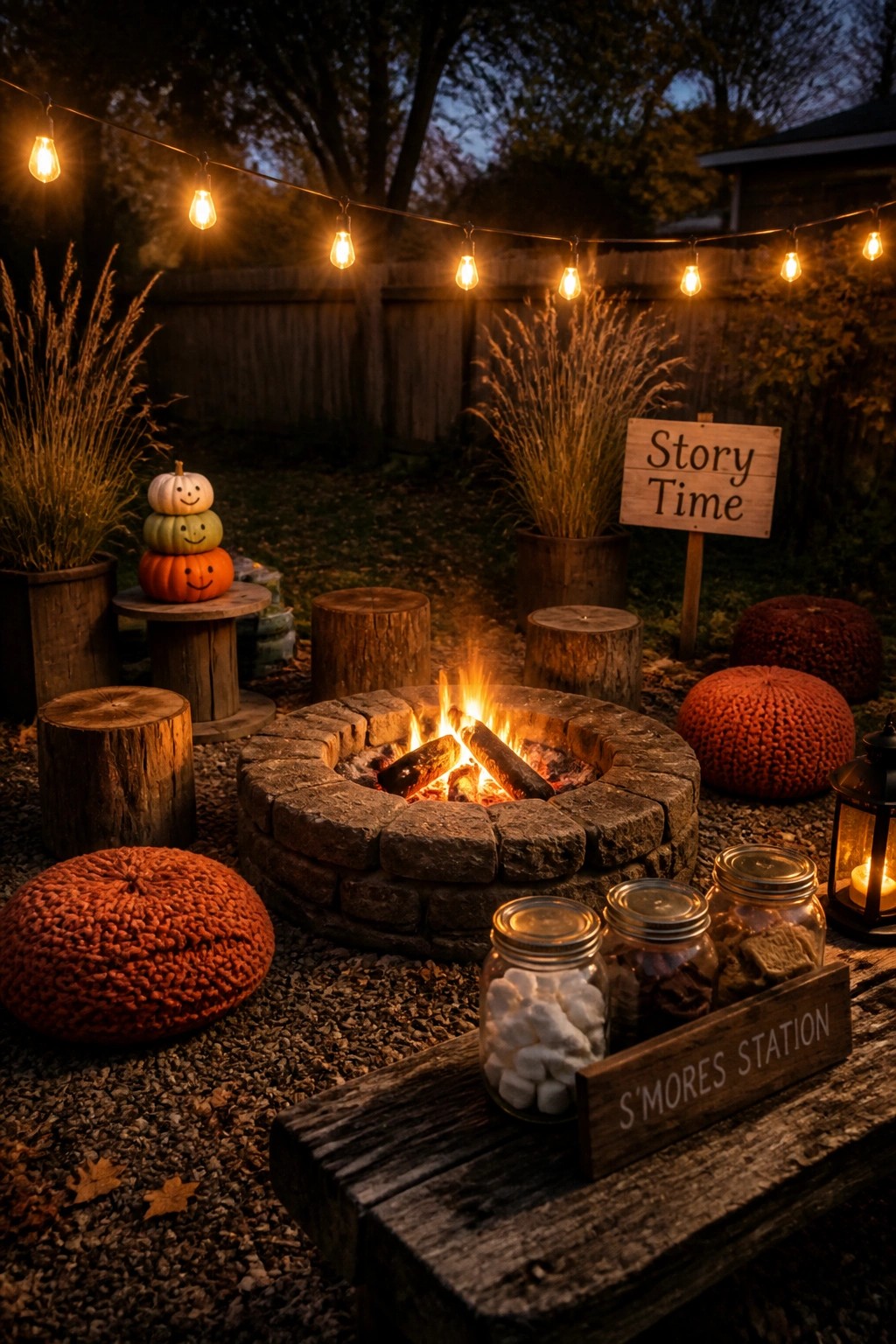 A stone fire pit in a backyard at dusk with string lights overhead, wooden seating, orange poufs, stacked pumpkins, and jars of s'mores ingredients on a wooden table.