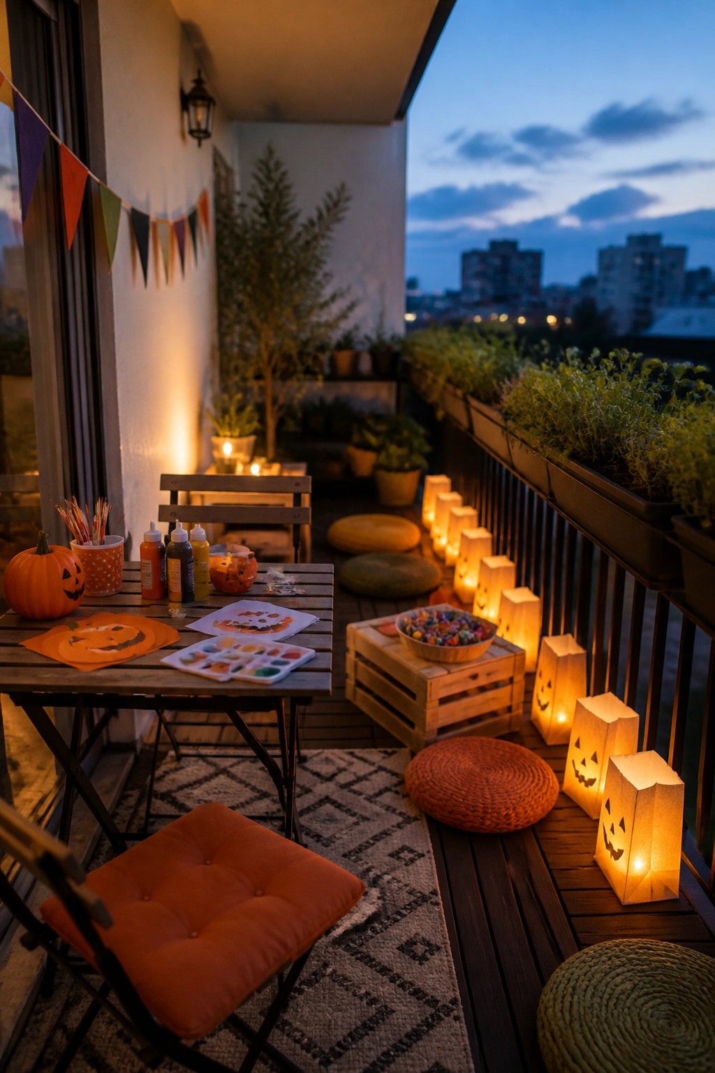 A wooden balcony at dusk with a table holding paint supplies, small pumpkins, and paper crafts, surrounded by glowing jack-o'-lantern paper lanterns and cushions on the floor.