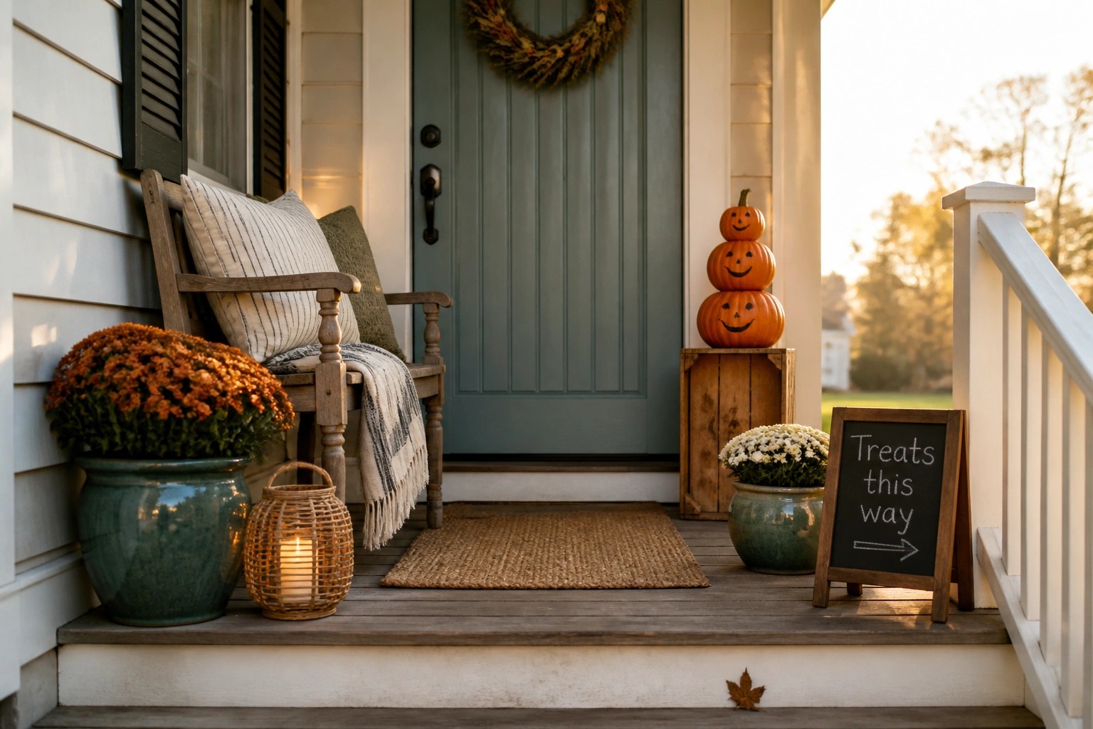 A front porch with a teal door, a stack of three smiling pumpkins on a wooden crate, a woven doormat, a bench with striped pillows, and a small chalkboard sign.
