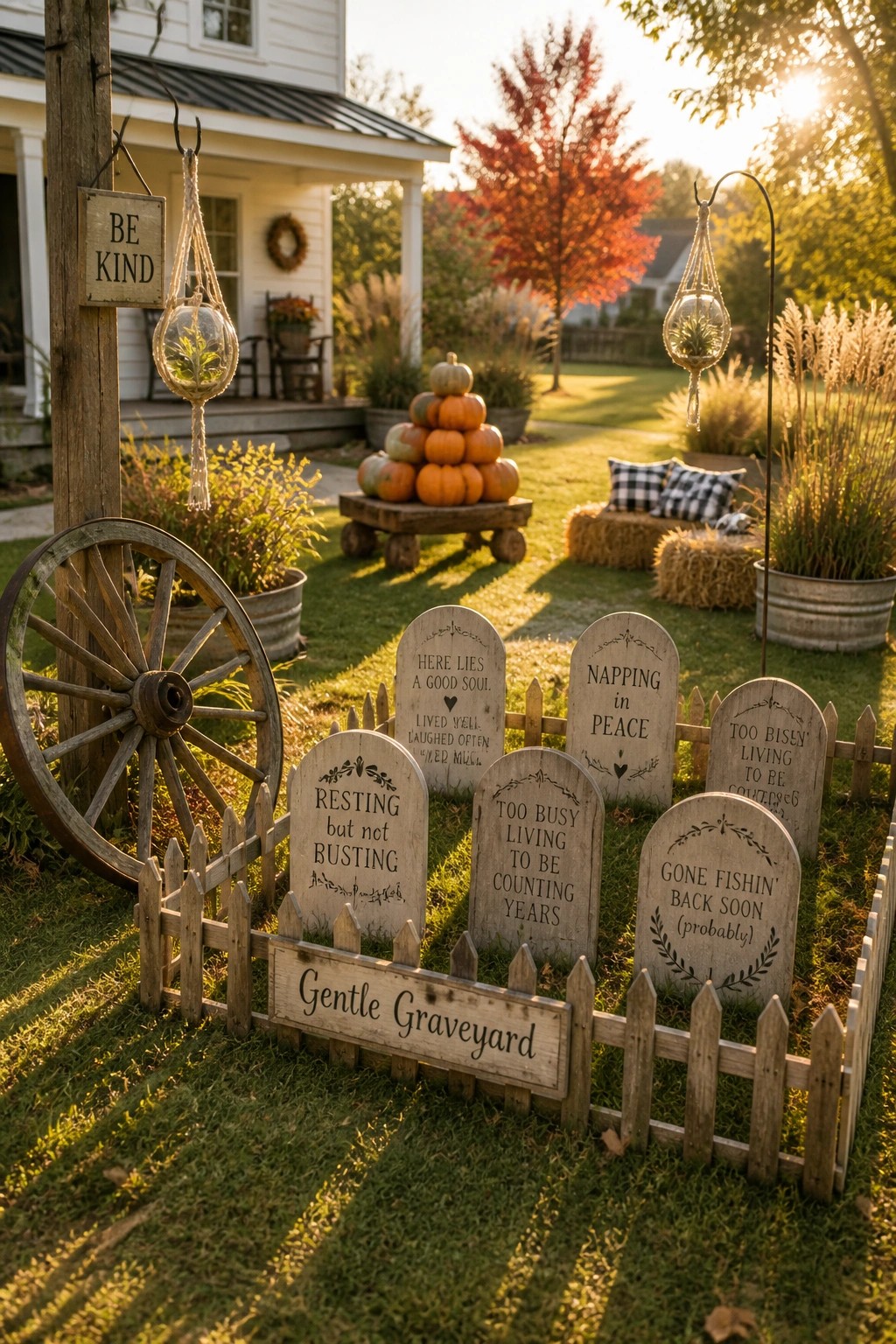 A small wooden picket fence surrounds several light-colored wooden tombstones with humorous inscriptions in a grassy yard, with pumpkins stacked on a cart and hay bales in the background.