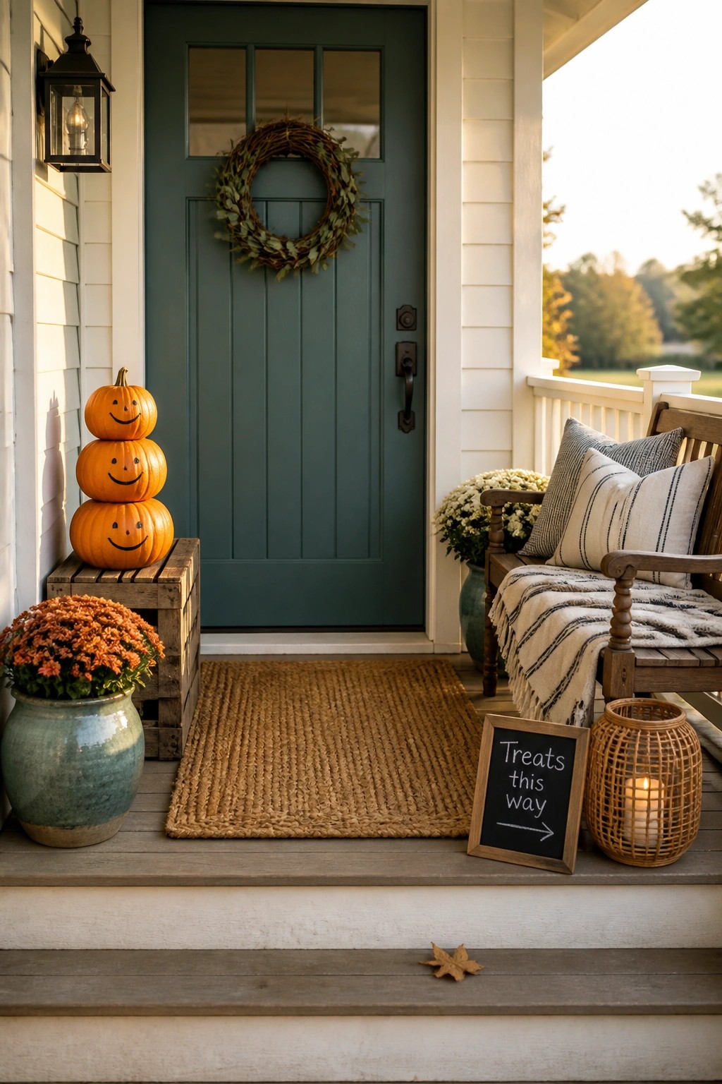 A front porch with a teal door, a stack of three smiling pumpkins on a wooden crate, a woven doormat, a bench with striped pillows, and a small chalkboard sign.