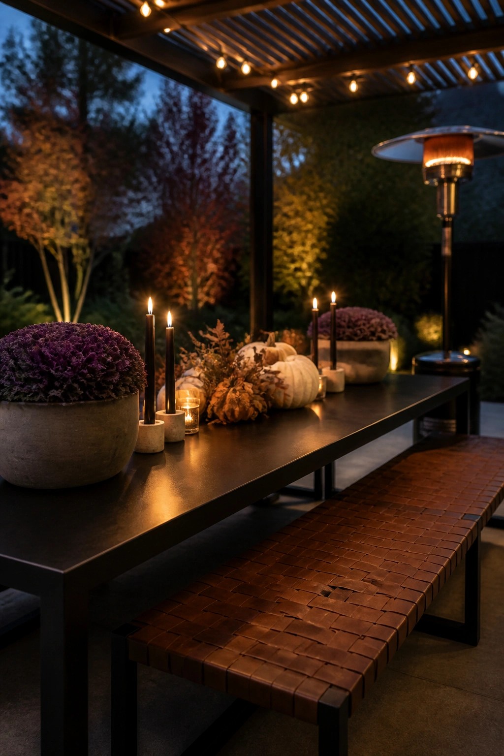 A long dark table with a woven brown leather bench on a covered patio, decorated with white pumpkins, dark candles, and potted purple plants at dusk.