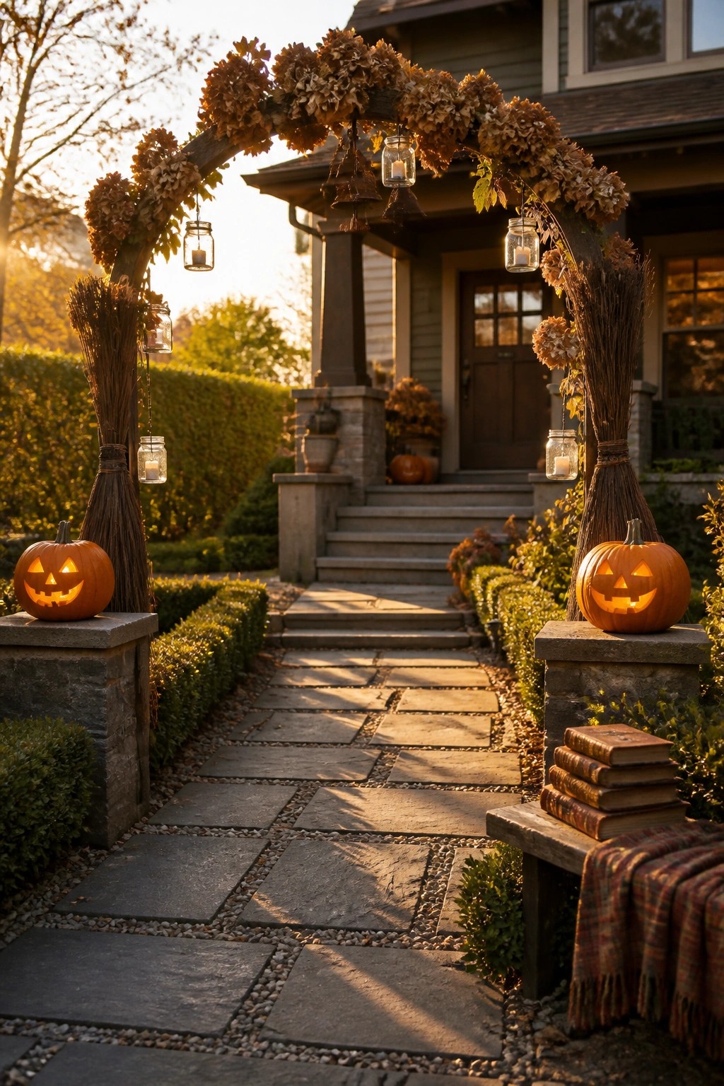 A stone pathway leads to a house entrance beneath a large arch decorated with dried flowers and twigs, with carved pumpkins on stone pillars and hanging glass lanterns.