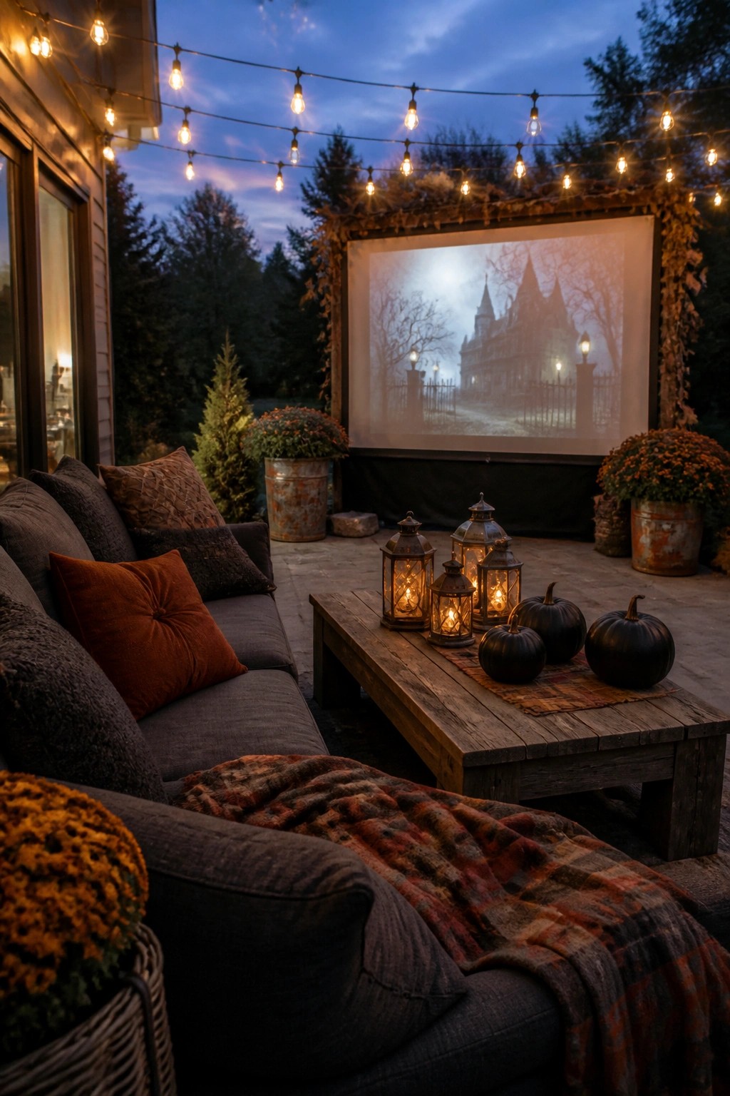 An outdoor patio at dusk features a large projector screen displaying a foggy haunted house scene, overhead string lights, a wooden coffee table with black pumpkins and glowing lanterns, and a gray sectional sofa with pillows and a plaid blanket.