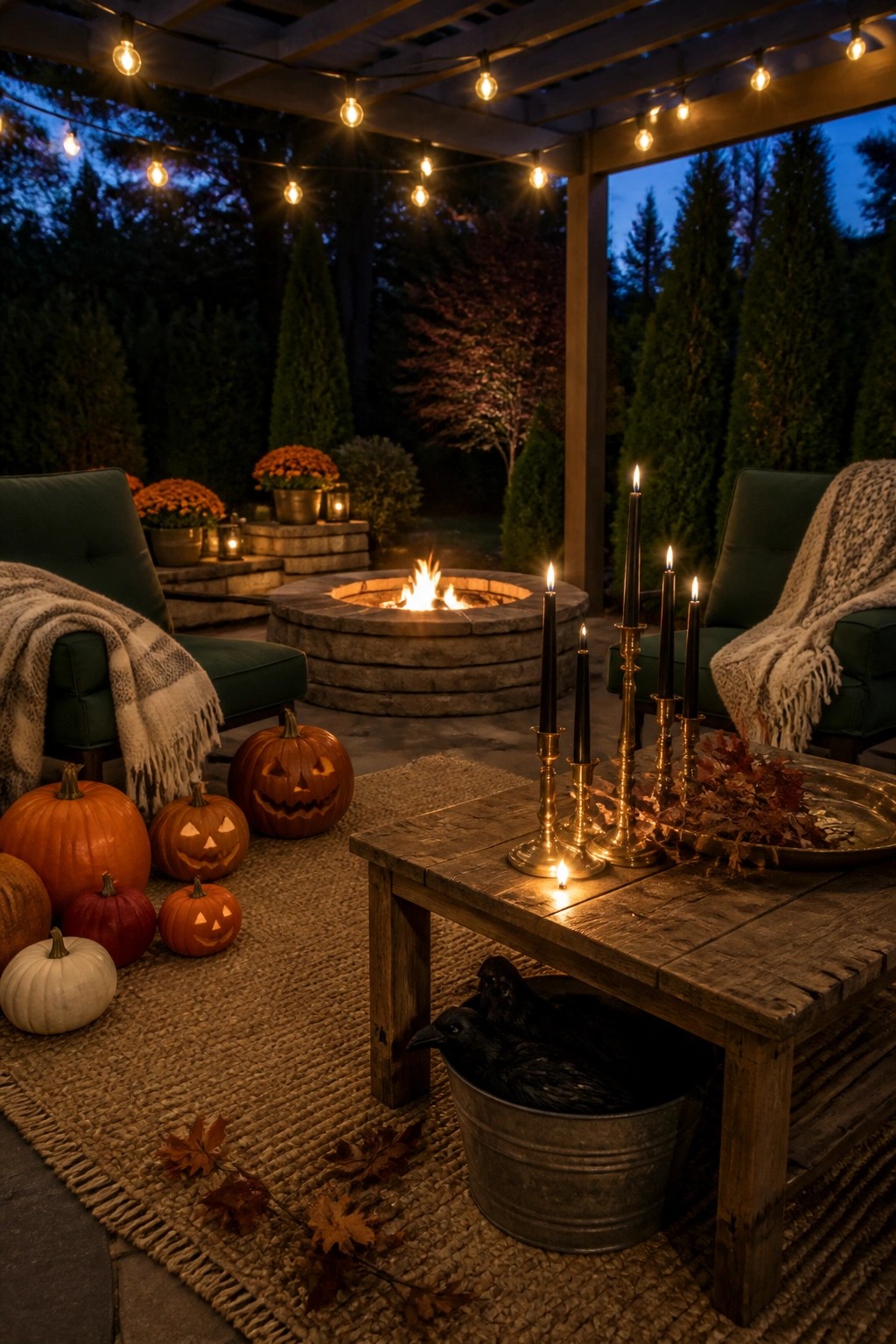 Outdoor patio at dusk with a stone fire pit, green cushioned chairs, pumpkins on a rug, black taper candles on a wooden table, and string lights overhead.