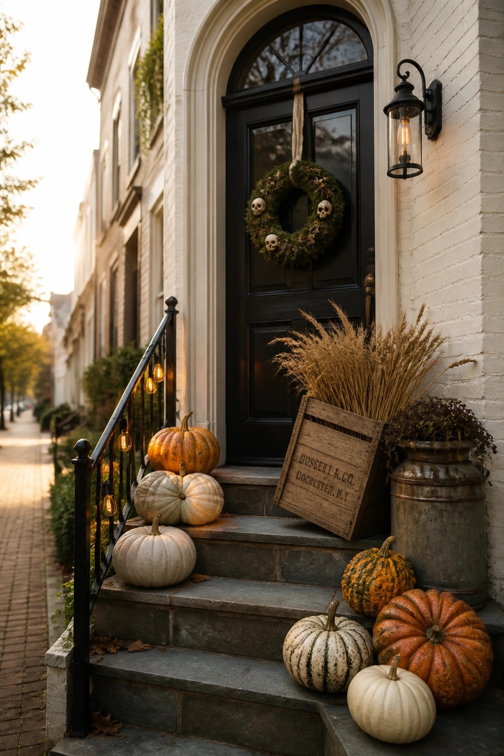 A black front door on a white brick house with a mossy wreath containing small skulls, pumpkins arranged on the stone steps, and a wooden crate holding dried grass beside a metal container.