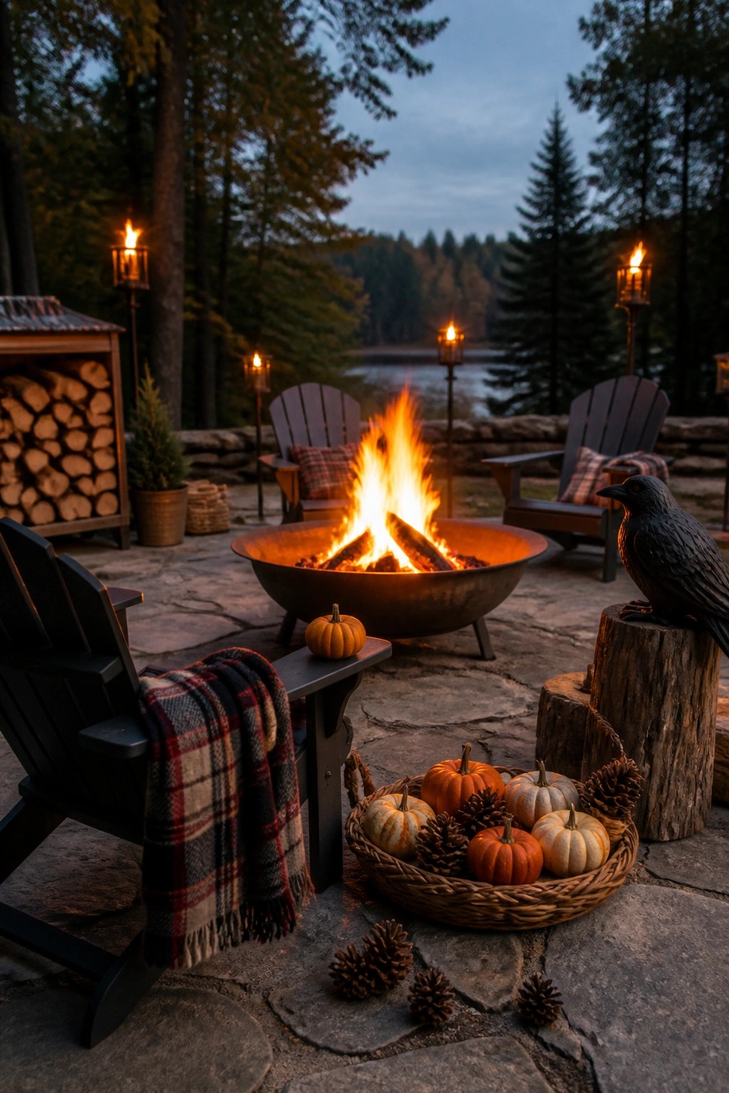 An outdoor fire pit area at dusk with Adirondack chairs, a basket of small pumpkins and pinecones, a raven statue on a stump, and lanterns in a wooded lakeside setting.