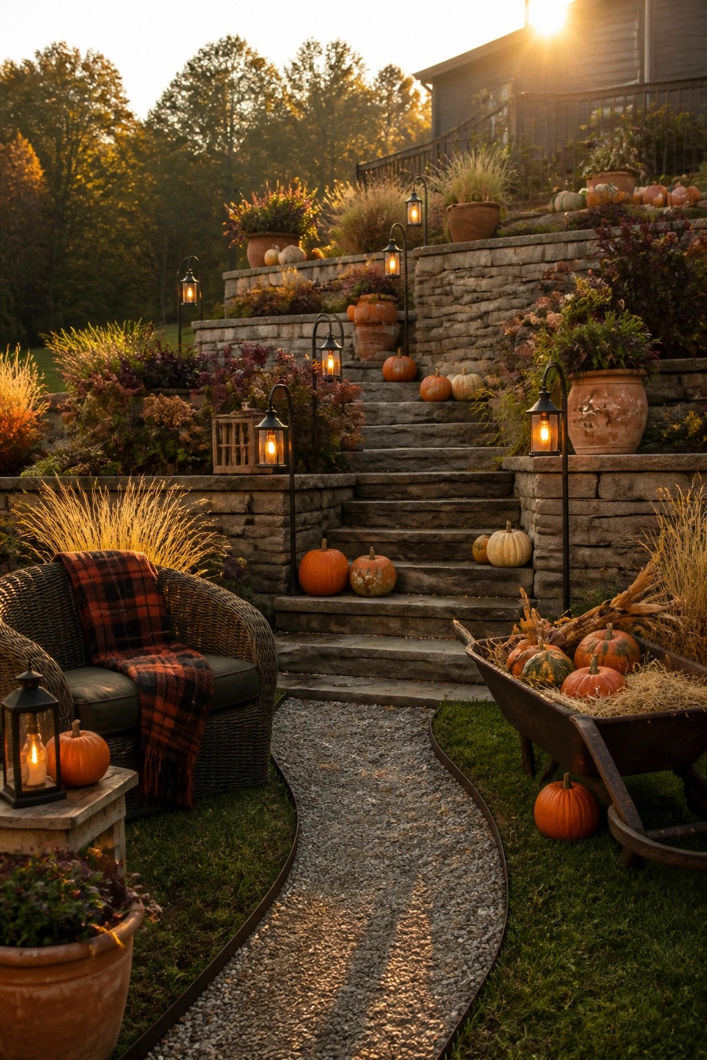 A stone garden staircase lined with glowing black lanterns and scattered pumpkins, with a curving gravel path, autumn plants, and a wheelbarrow of pumpkins in the foreground.