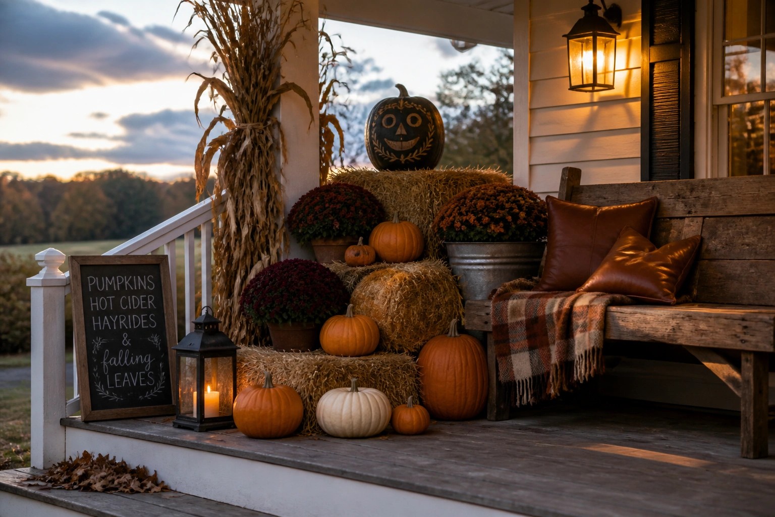 A wooden front porch decorated with hay bales, pumpkins, mums in buckets, lanterns, and a bench with plaid blanket and brown pillows.