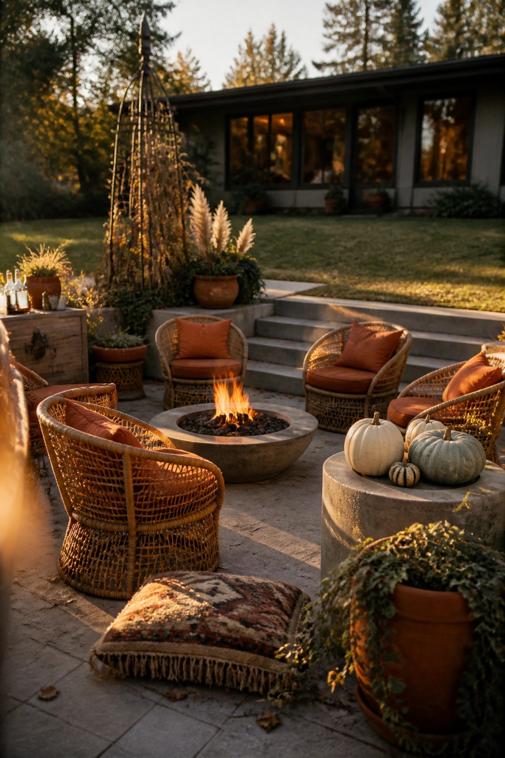 An outdoor patio with a round concrete fire pit surrounded by wicker chairs with orange cushions, pumpkins on a nearby concrete table, and potted plants in the background.