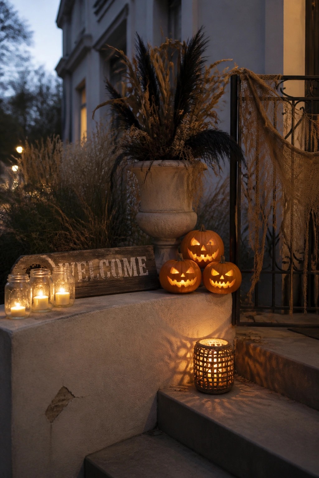 Three carved pumpkins sit on concrete steps next to a stone urn with dried grasses, with lit candles in glass jars and a wooden welcome sign nearby.