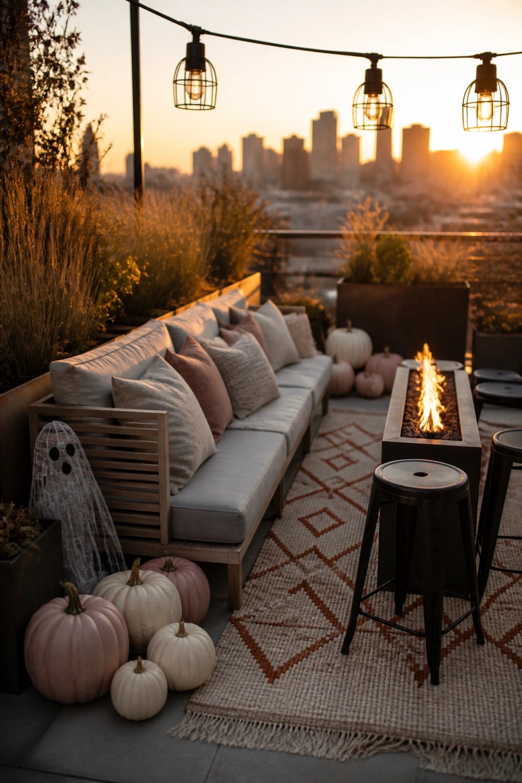 A rooftop patio at sunset shows a long sofa with pillows, a rectangular fire pit with flames, black stools on a patterned rug, scattered white and pink pumpkins, a ghost decoration, string lights, and a city skyline view.