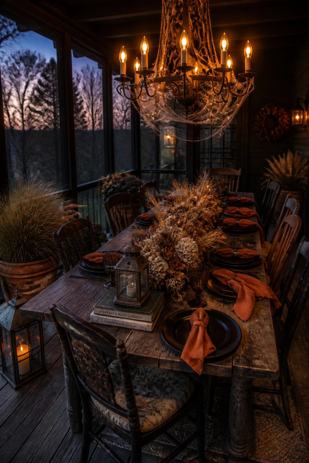 A long wooden dining table on a covered porch is set with black plates, orange napkins, dried floral arrangements, and lanterns beneath a spiderweb-covered chandelier at dusk.