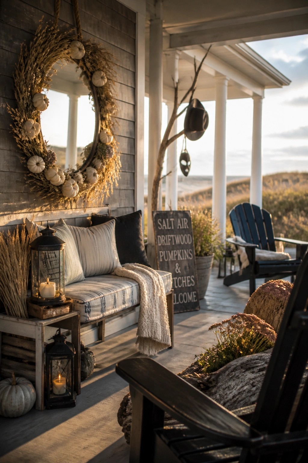 Cozy fall porch with pumpkin wreath, bench, lanterns, and Adirondack chairs at sunset.