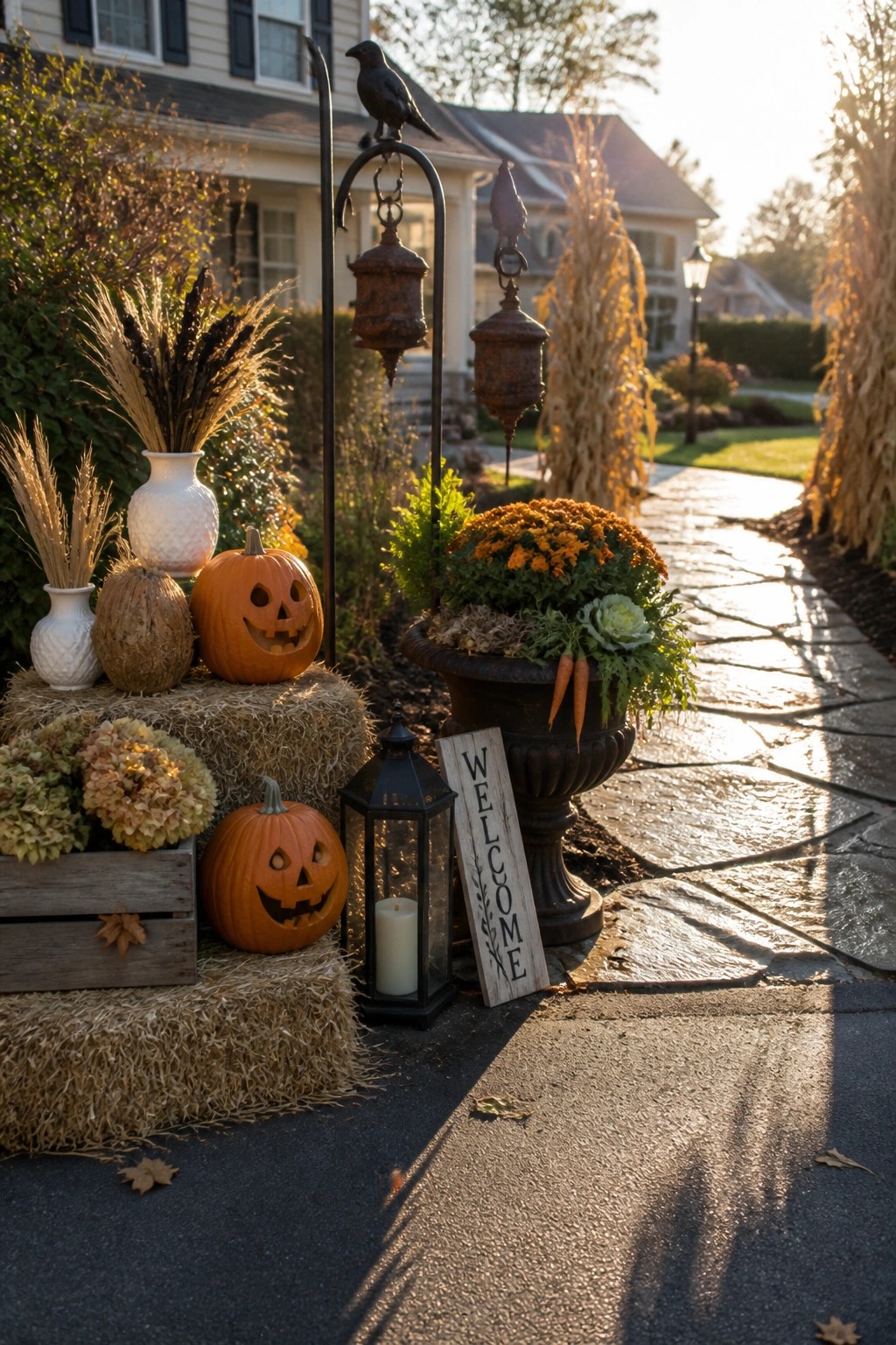 Autumn porch with carved pumpkins, hay bales, welcome sign, lantern and potted mums