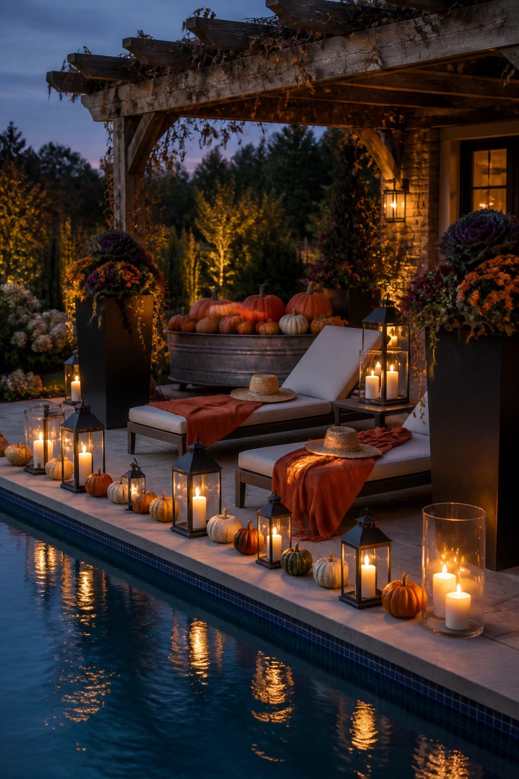 A dusk view of a pool deck with two lounge chairs, red throws, straw hats, pumpkins, and clusters of lit black lanterns and glass candles arranged along the concrete edge beside the water.