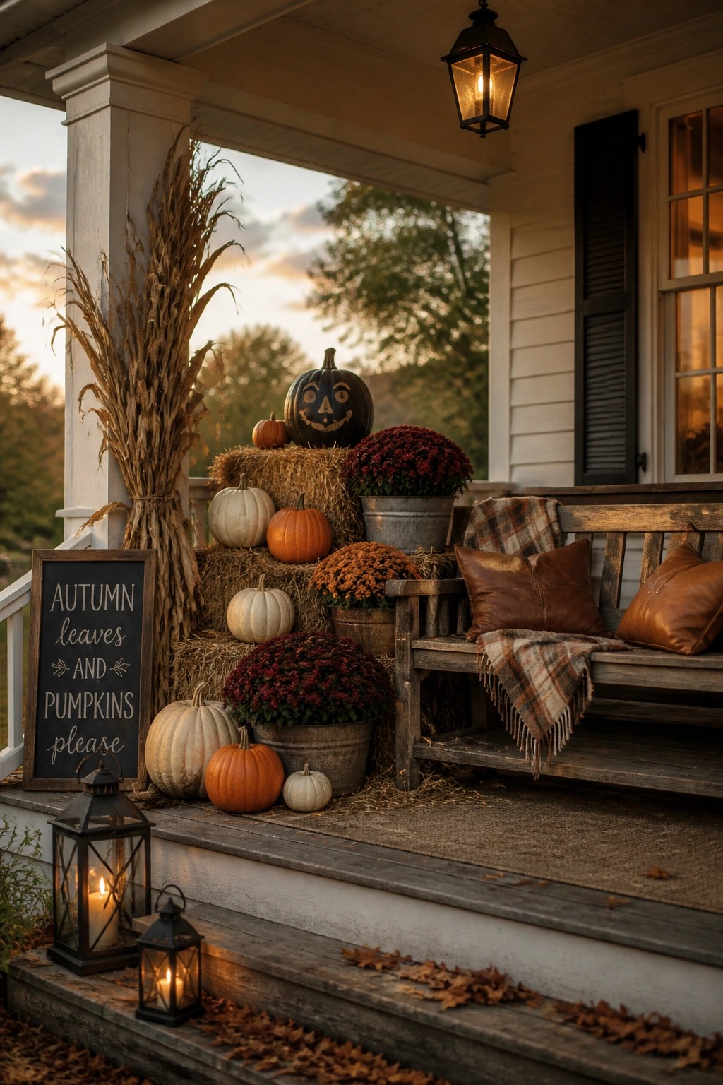 A wooden front porch decorated with hay bales, pumpkins, mums in buckets, lanterns, and a bench with plaid blanket and brown pillows.