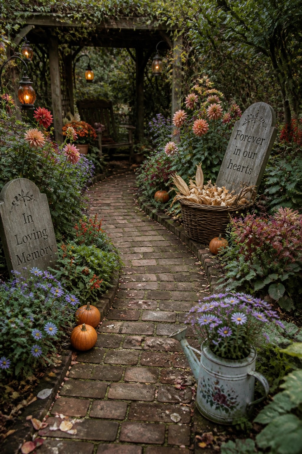 Autumn garden path with pumpkins, flowers, lanterns, and wooden memorial signs.