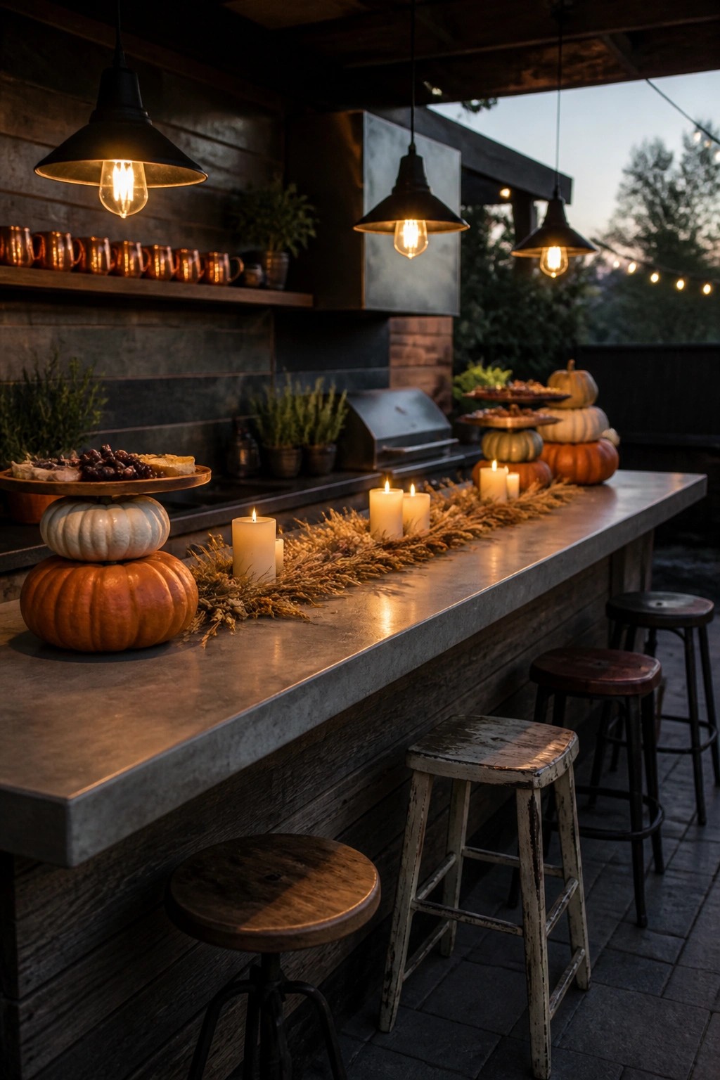 An outdoor concrete bar counter lined with stacked pumpkins, lit candles, and dried grass, with wooden stools and hanging pendant lights visible.