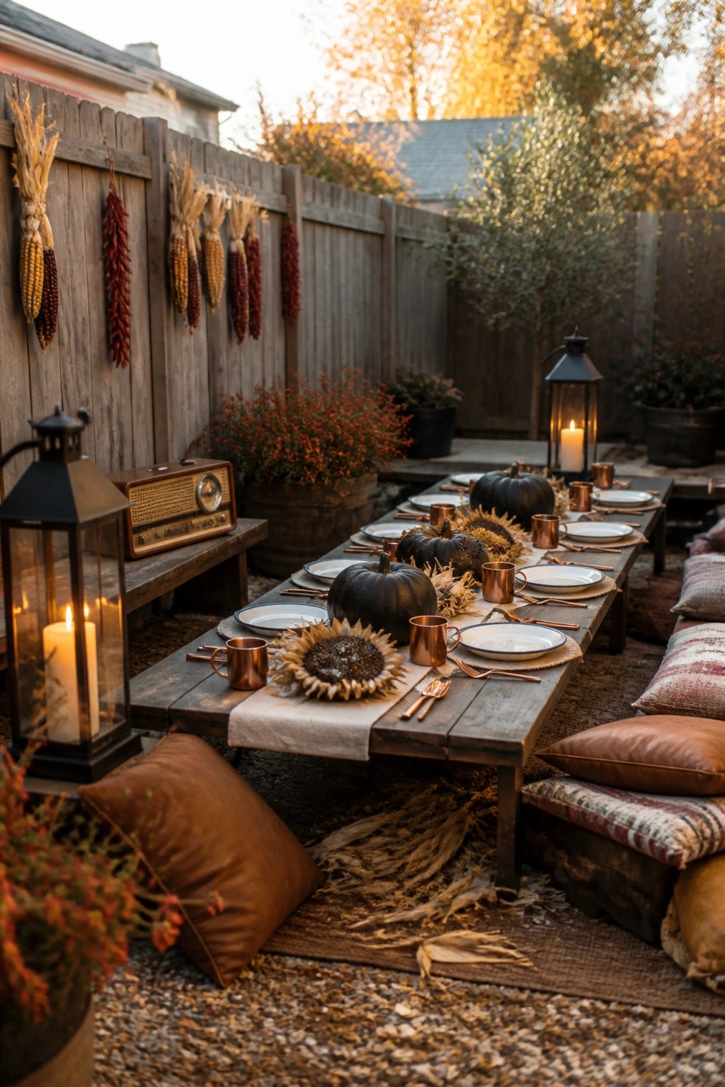 A rustic wooden table set for an outdoor meal with black pumpkins, sunflowers, copper mugs, white plates, and lanterns in a fenced backyard decorated with dried corn and peppers.