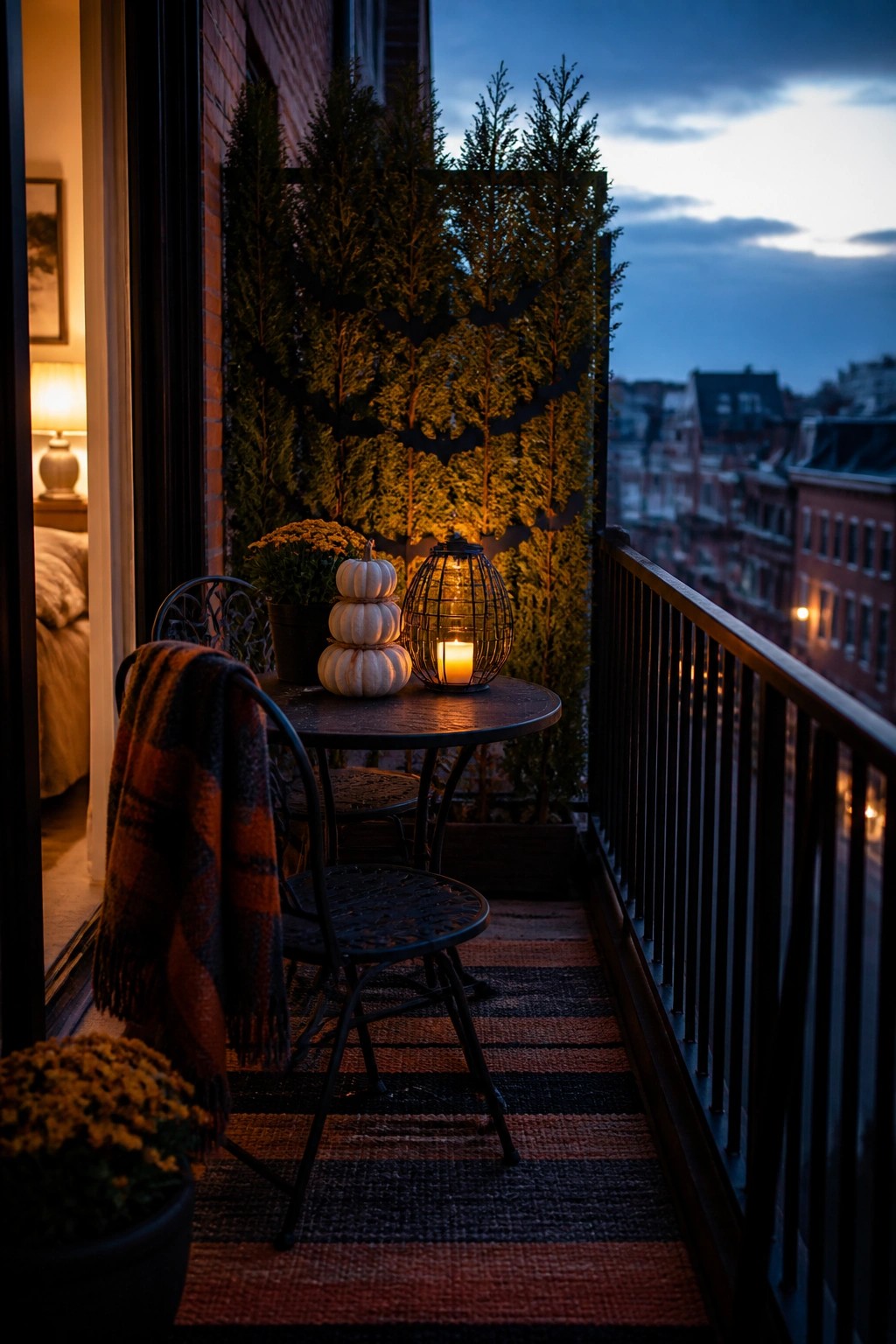 A balcony at dusk features a dark metal table with stacked white pumpkins and a lit lantern, two chairs with a plaid blanket, potted yellow mums, and a tall screen covered in greenery with black bat cutouts, overlooking city buildings.