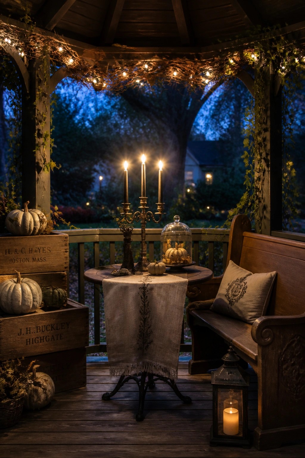 A wooden gazebo at dusk with string lights overhead, a table holding a candelabra and glass cloche of pumpkins, stacked wooden crates filled with gourds, and a bench beside a lit lantern.