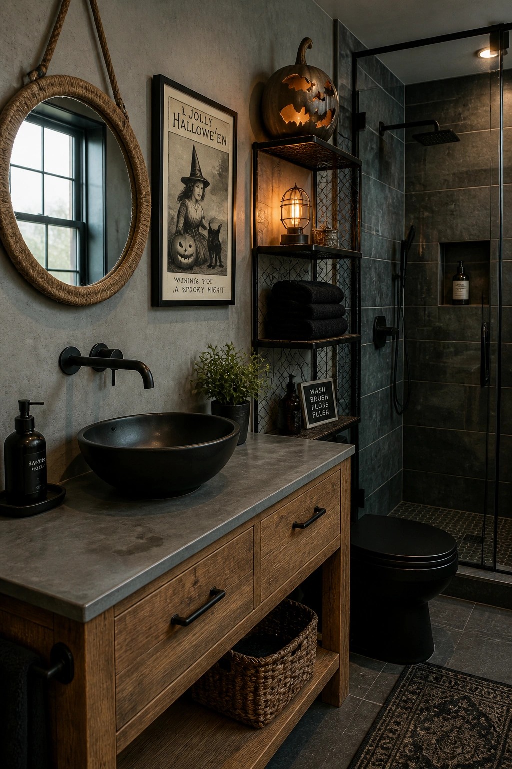 A bathroom with a black vessel sink on a wood vanity, round mirror, and a glowing carved pumpkin on a metal shelf next to a Halloween poster.