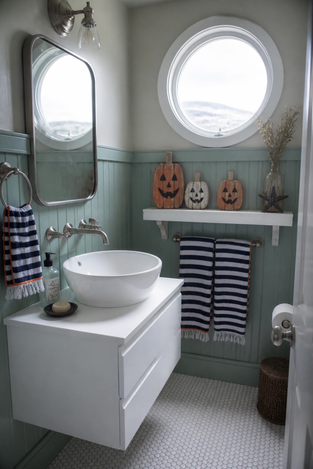 A bathroom interior with a white floating shelf holding three wooden jack-o'-lanterns above a vessel sink and striped towels.