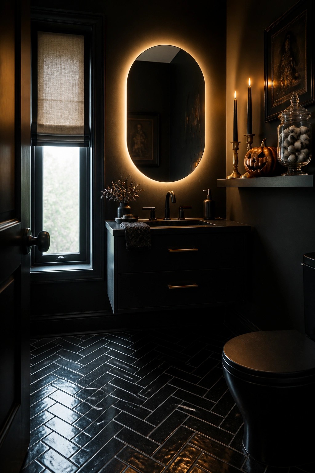 A dark bathroom features a floating shelf above the vanity holding a small carved pumpkin, two black taper candles, and a glass jar.