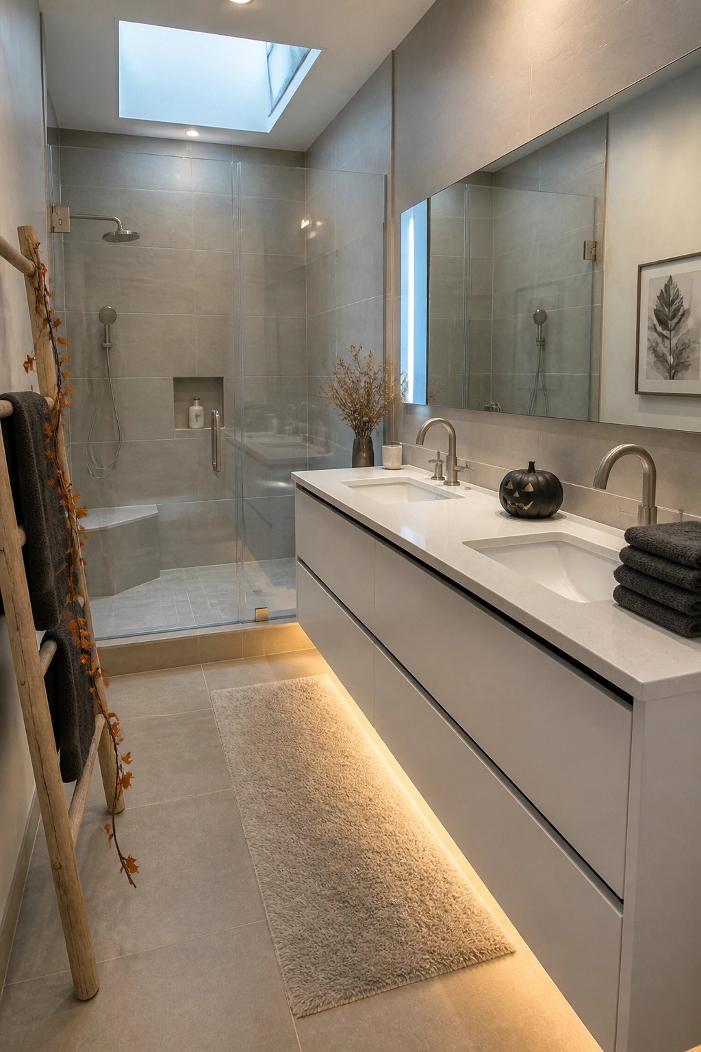 Modern bathroom with glass shower, double white vanity, skylight, and black pumpkin