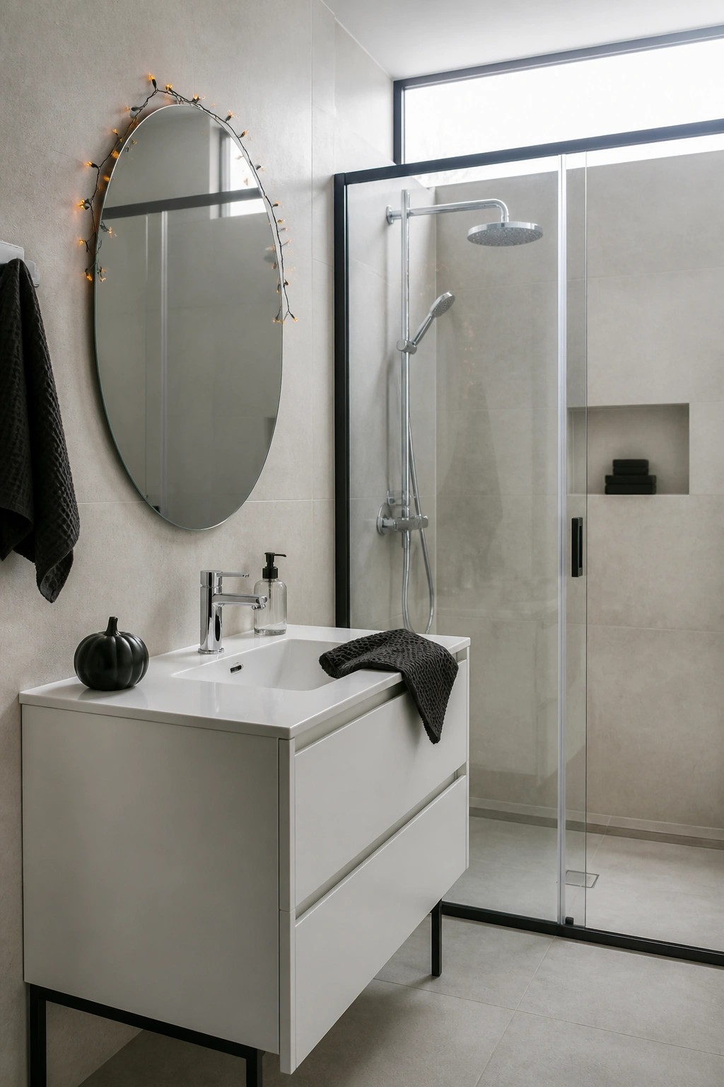 Modern bathroom with white vanity, round mirror with lights, and glass shower